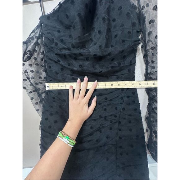 NWOT Hello Molly Meet Me At The Bar Ruched Sheer Dotted Sleeve Black Mini Dress - Picture 9 of 14